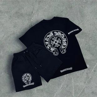 欧美T恤潮复古印花圆领短袖 男士 宽松纯棉宽松hiphop裤 子情侣套装