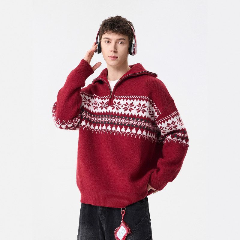 费尔岛秋冬季外套图案美式圣诞节针织重磅潮牌高领毛衣宽松男女潮