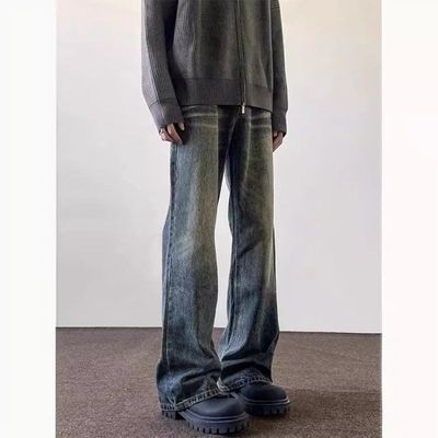 c高街男裤子微喇裤牛仔裤水洗做旧长直筒leanfit潮牌显瘦美式复古