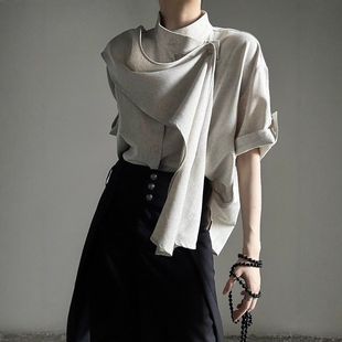风复古夏季飘带设计感中性风山本围巾衬衣法式风潮男女短袖衬衫Le