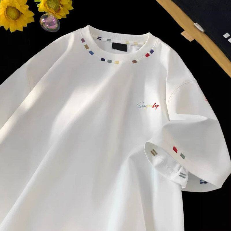 男女复古美式正肩高街刺绣短袖设计感夏季半袖潮彩色T恤纯棉上衣