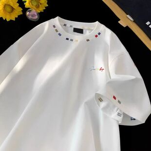 男女复古美式正肩高街刺绣短袖设计感夏季半袖潮彩色T恤纯棉上衣
