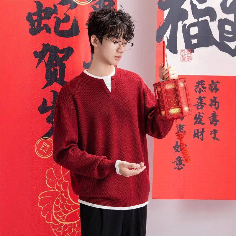 新年红色毛衣马年假两件潮牌圣诞节男内秋冬季轻奢本命年搭针织衫