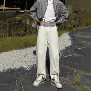 高级感假两件直筒裤子垂坠撞色运动裤加绒格子秋冬季拼接卫裤男款