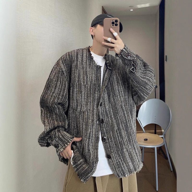 编织混色风无领毛边厂家男秋冬季百搭情侣夹克直供复古 废土外套