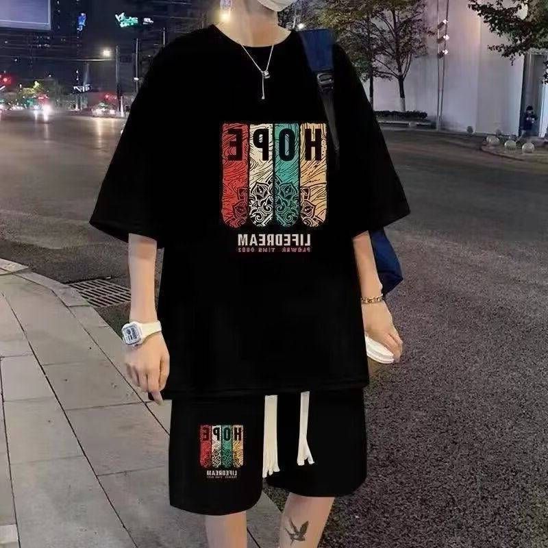 华夫格青少年休闲运动套装男生夏季宽松时尚短裤短袖一套搭配帅气