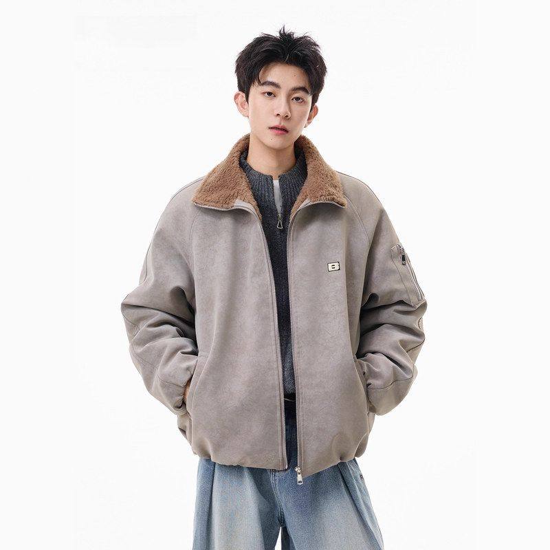 仿翻领情侣PU兔毛皮美式男潮牌棉服外套加厚棉衣保暖秋冬宽松工装