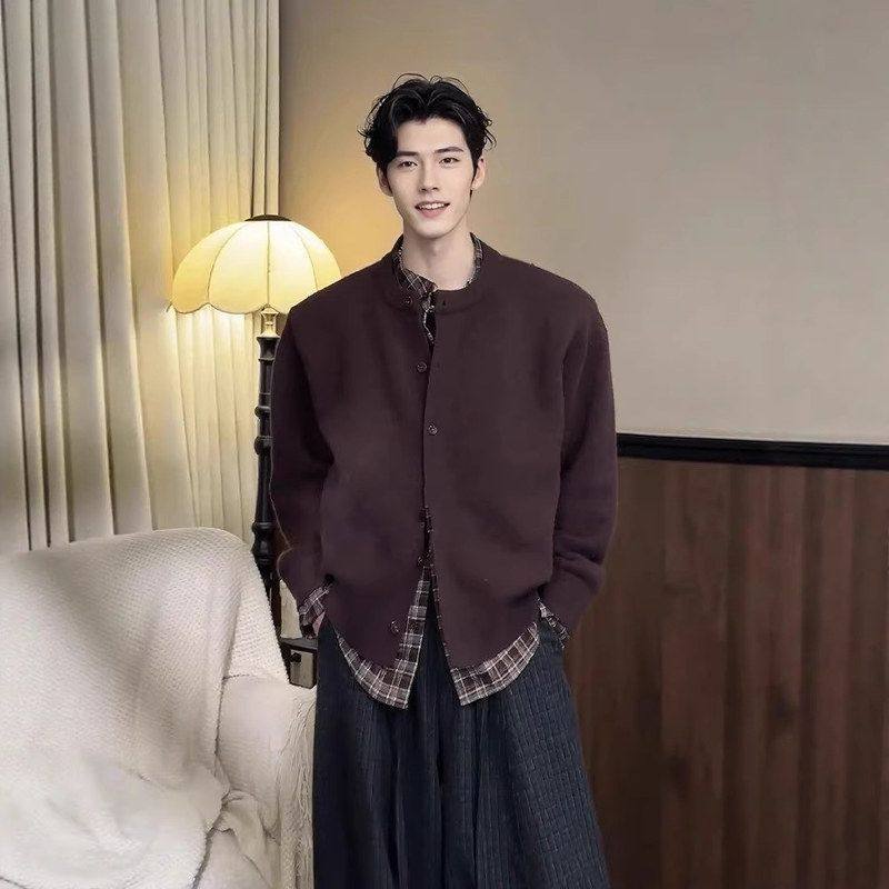 格子咖色穿老钱针织衫风秋冬男毛衣叠内拼接衬衫外套假两件搭慵懒