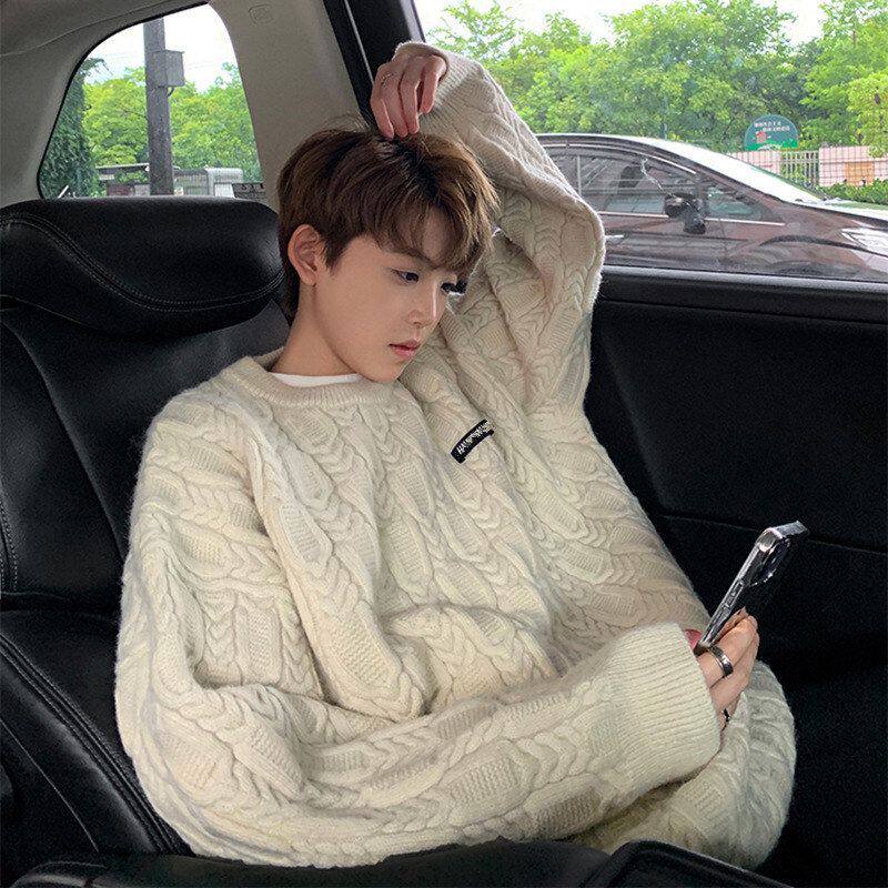 情侣复古针织衫慵懒风线衣圆领潮流套头宽松毛衣日系麻花男秋冬季