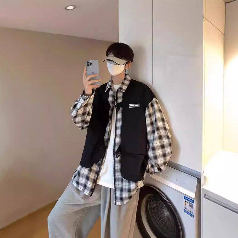 设计感假两件高级感 city痞帅外套衬衣男日系boy港风小众格子衬衫