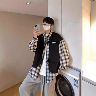 设计感假两件高级感 city痞帅外套衬衣男日系boy港风小众格子衬衫