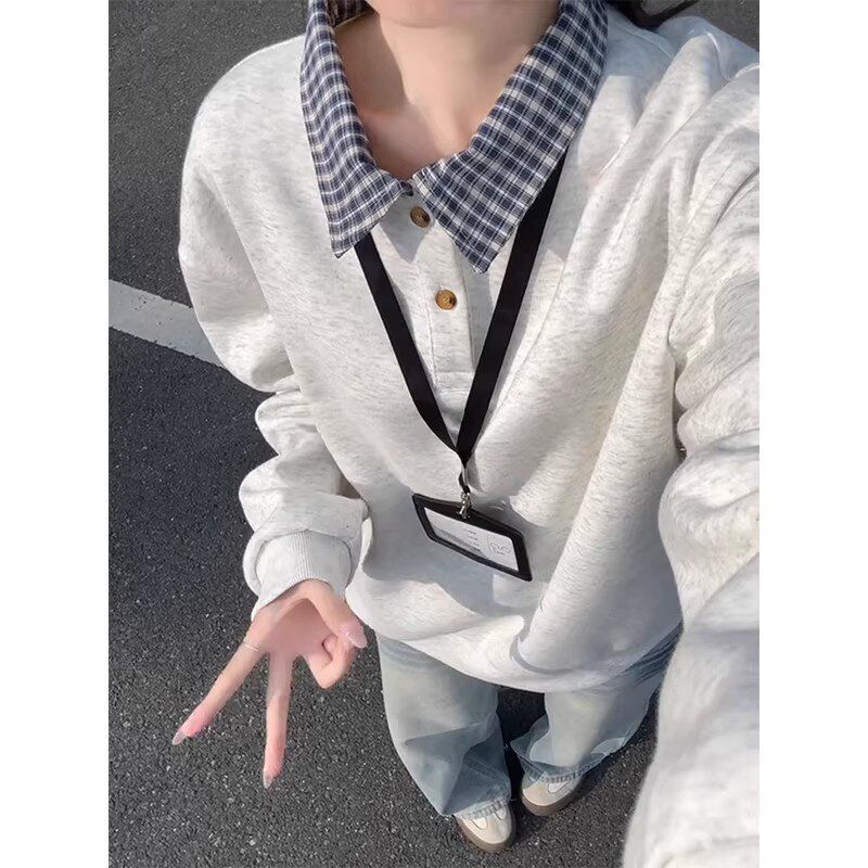 正肩衫olo灰色pc卫衣翻领白假