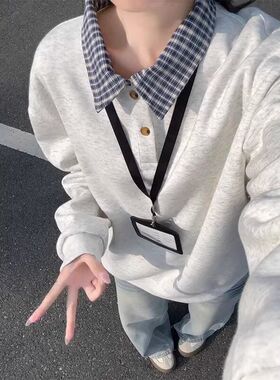 正肩衫olo灰色pc卫衣翻领白假两件长袖anfit格子男秋季let恤重磅