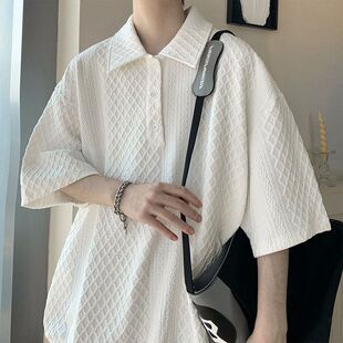 针织纹理感宽松翻领t恤设计感小众半袖 韩版 男夏季 潮流短袖 POLO衫
