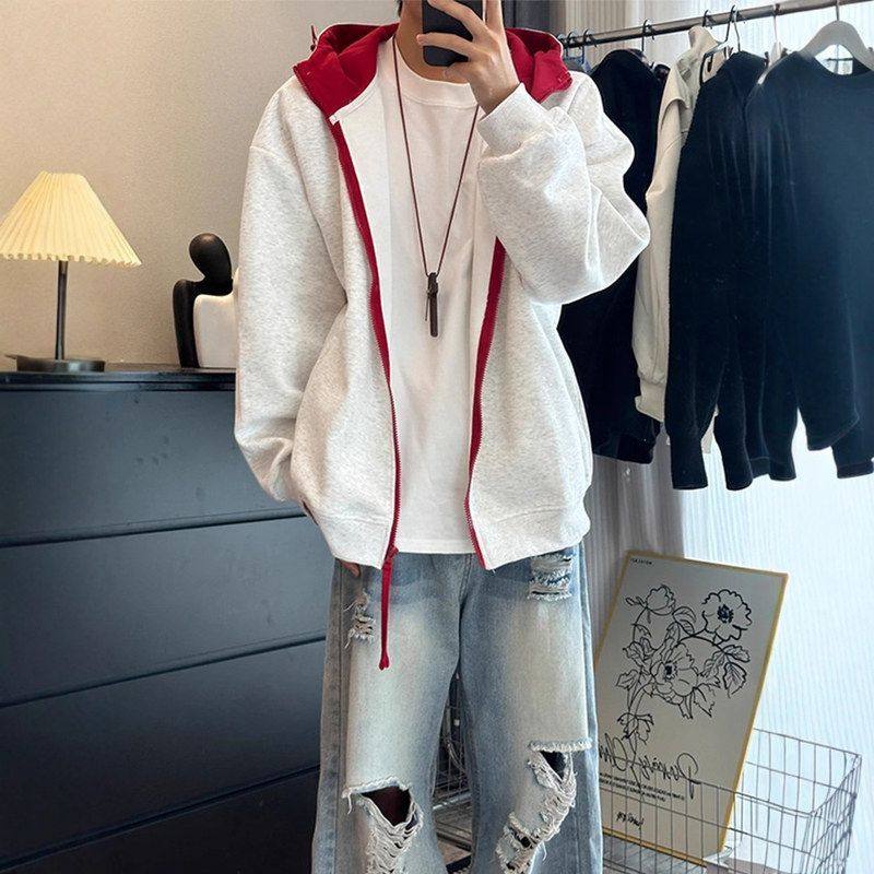 夹克秋冬季连帽拼色灰色花外套卫衣加绒重磅情侣开衫加厚男款硬挺