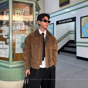 工装麂皮牛绒男款短款外套巴恩风厚设计感潮牌秋冬痞帅夹克飞机扣