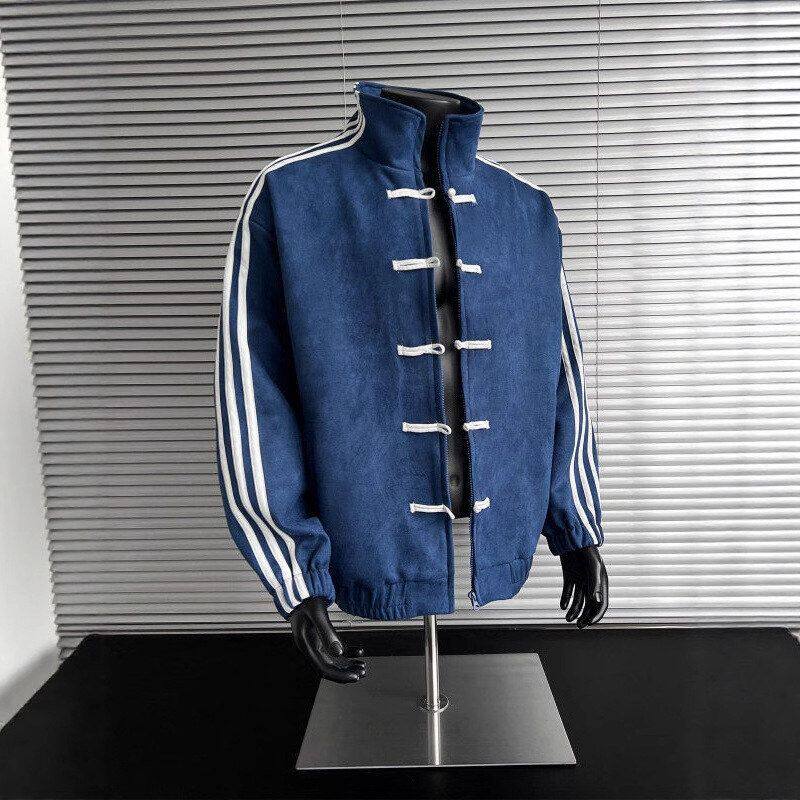 拼接唐装高级感搭杠盘扣蓝白男三条新中式立领秋季流行上衣夹克穿