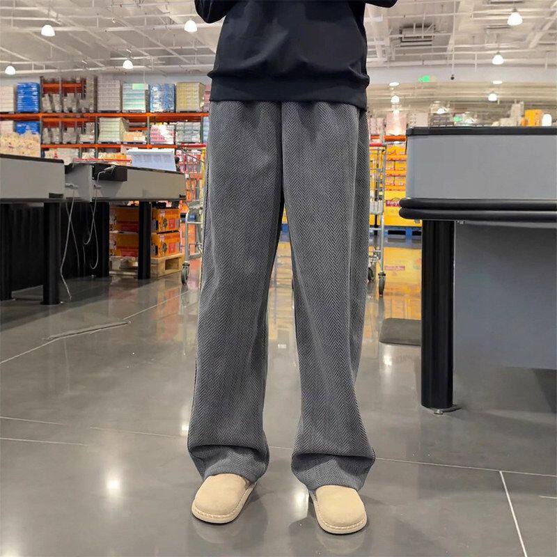 纹人字针织宽松裤子休闲裤深灰色风卫裤秋冬季慵懒弯刀美式重磅男