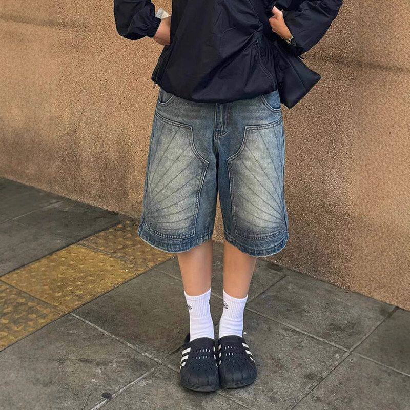 男高街潮牛仔短裤阔腿宽松美式水洗做旧设计感五分裤大码复古直筒