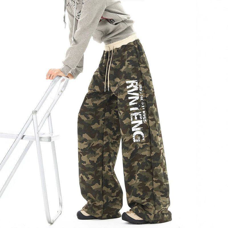 街头慵懒卫裤宽松男印花风阔腿迷彩女春季薄款运动休闲裤美式字母