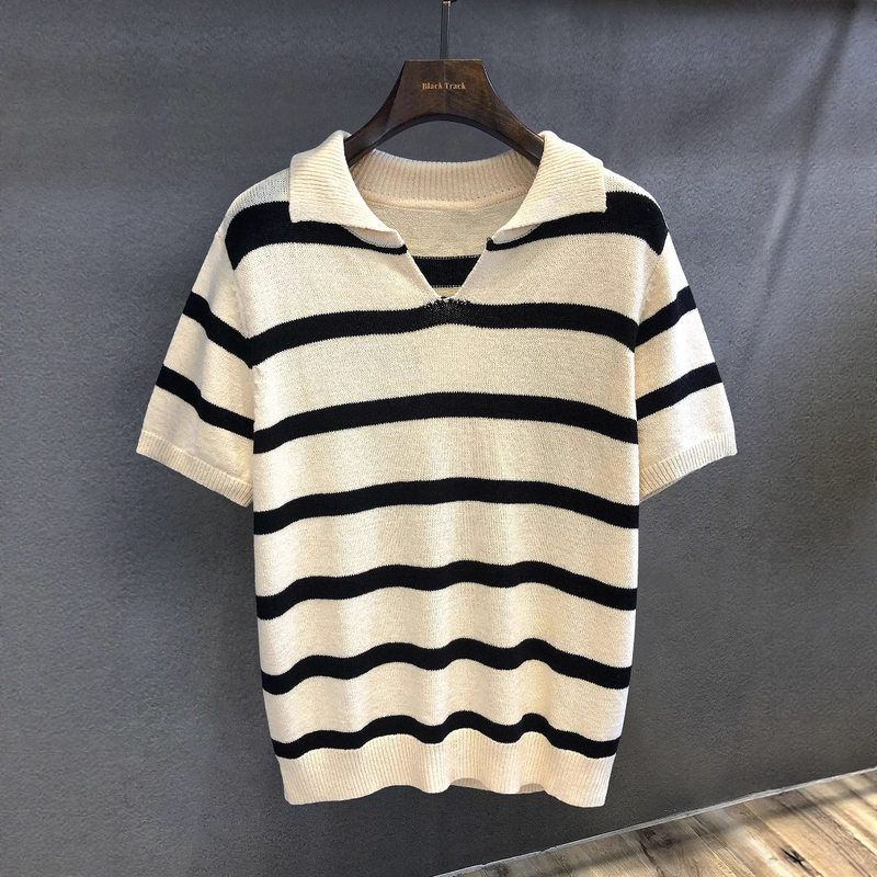领衣服撞色短袖粗条纹夏季p男士新款男装高品质针织衫olo翻领T恤