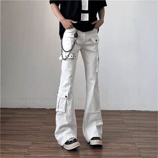 裤子绑带高街弯刀提档工装显瘦男款美式白色vibe牛仔裤直筒微喇裤