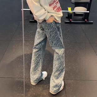 春季浅蓝色微喇裤潮牌子提花vibe男款牛仔裤字母修身美式弯刀满印