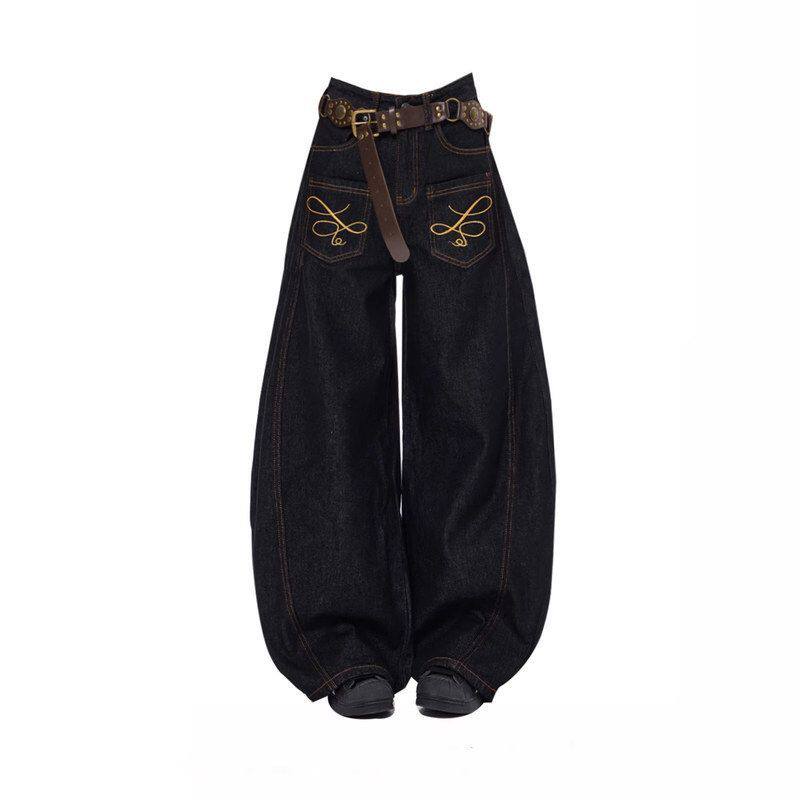 刺绣裤牛仔裤宽松复古反穿美式高腰女款阔腿设计感弯刀黑色男直筒