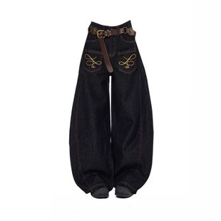 刺绣裤牛仔裤宽松复古反穿美式高腰女款阔腿设计感弯刀黑色男直筒