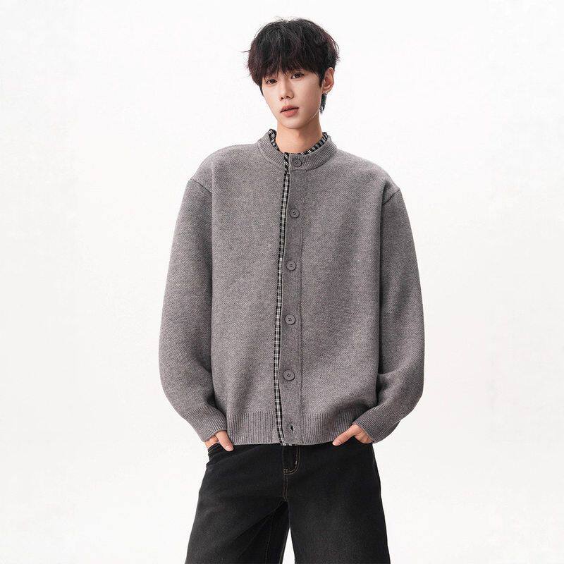 男款潮牌宽松休闲格纹假两件百搭复古毛衣外套针织开衫高级感美式