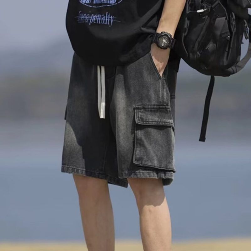 牛仔短裤烟灰色中裤男款美式直筒男士五分裤休闲工装高街宽松裤子