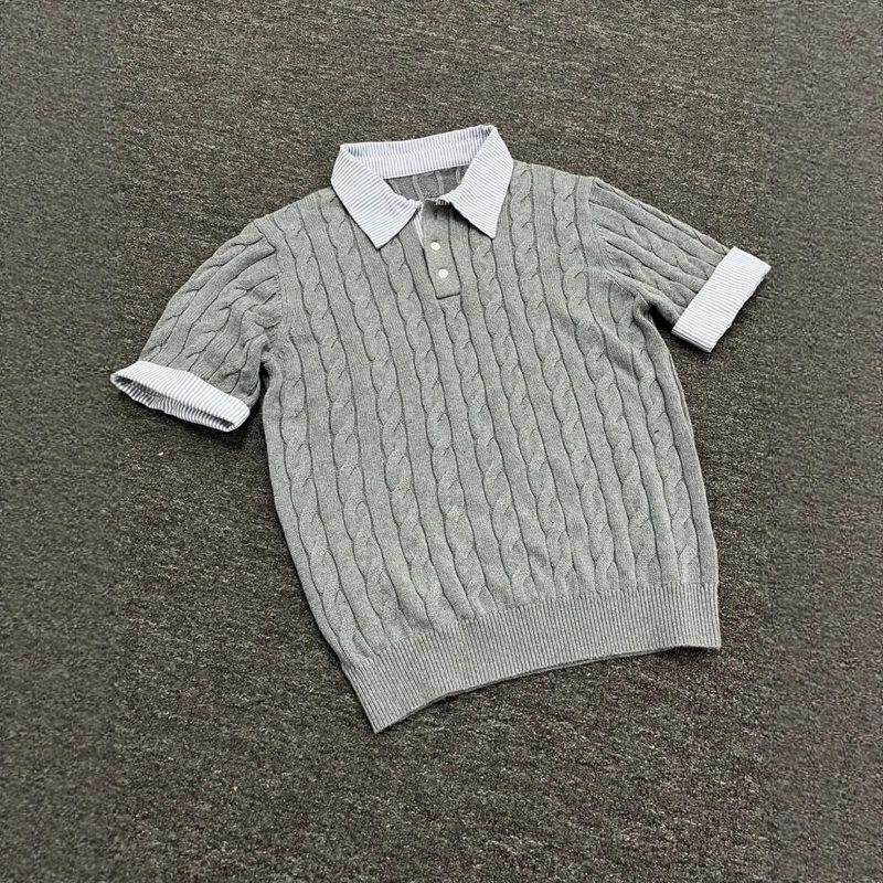 高级针织绞花t恤衫pc男款假两件短袖风老钱leanfitolo夏季设计感