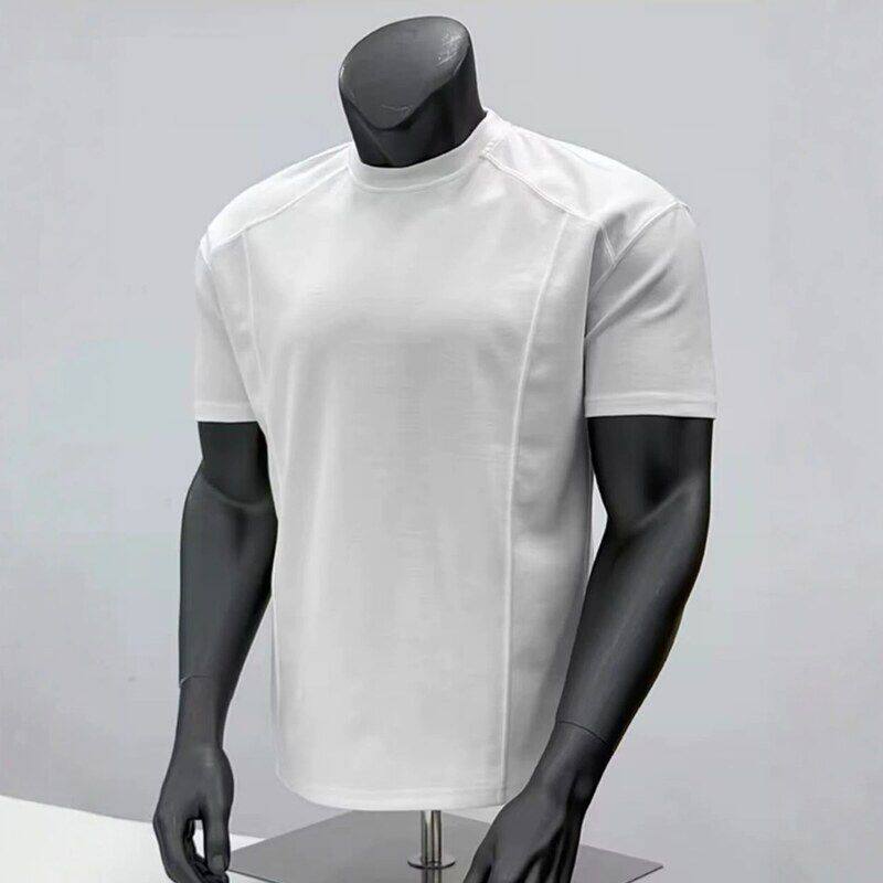 纯色男款圆领收T恤打底休闲袖口重磅健身短袖小美式正肩宽松上衣