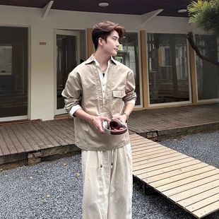 工裝 外套 V男痞帥高級感復古領休閑襯衣襯衫 假兩件卡其色日系長袖