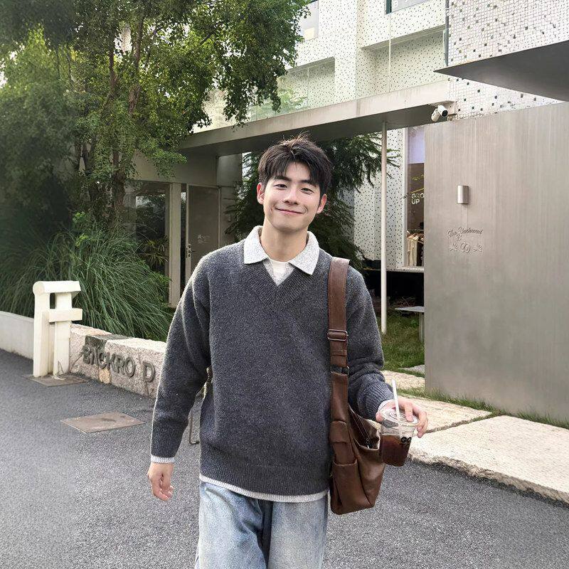 毛衣翻领加厚针织衫男生羊毛灰色内新款搭慵懒秋冬季假两件高级感