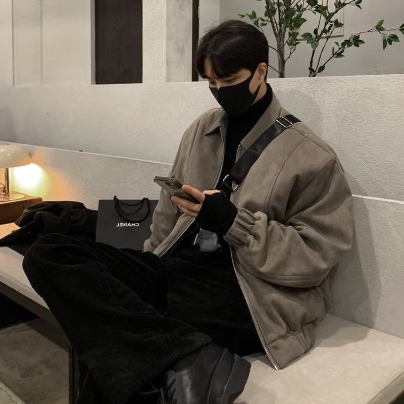麂皮绒翻领夹克外套男士2024秋季韩系设计感外穿潮牌宽松百搭痞帅