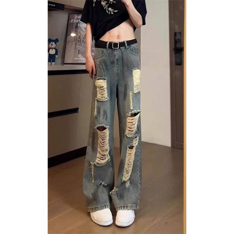 小众微喇裤le破洞牛仔裤设计感c美式裤子男vibe高街夏季直筒anfit