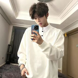 男款打底衫卫衣内重磅t恤亨利领搭长袖加厚美式秋冬加绒白色正肩