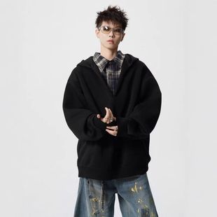 外套帽衫连帽衬衫领复古硬挺卫衣男2026美式格纹重磅假两件春秋季