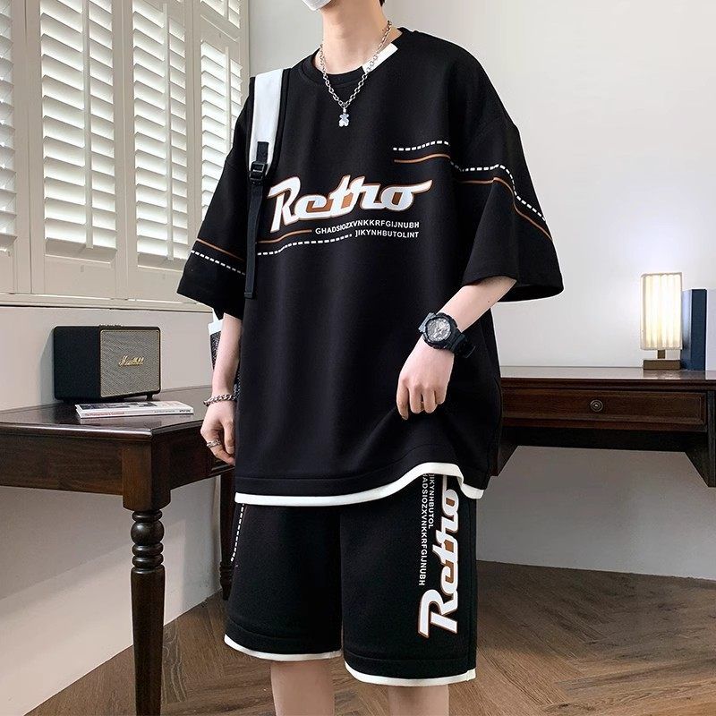 一套青少年潮流休闲运动套装男短裤衣服夏季胖子搭配大码短袖帅气