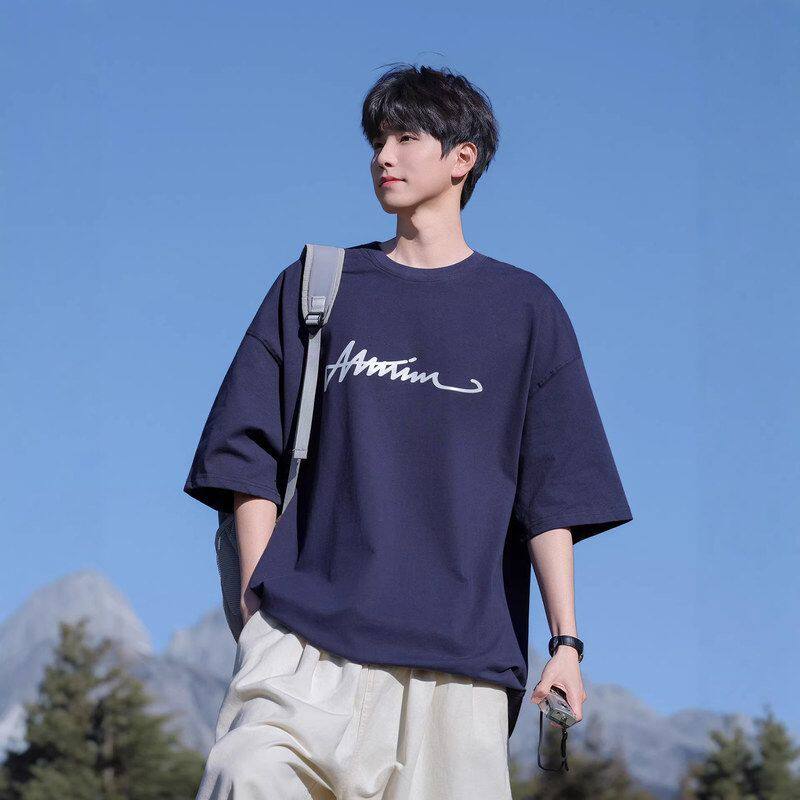 情侣宽松2026短袖夏季纯棉男生男款T恤休闲新款藏青色上圆领衣服