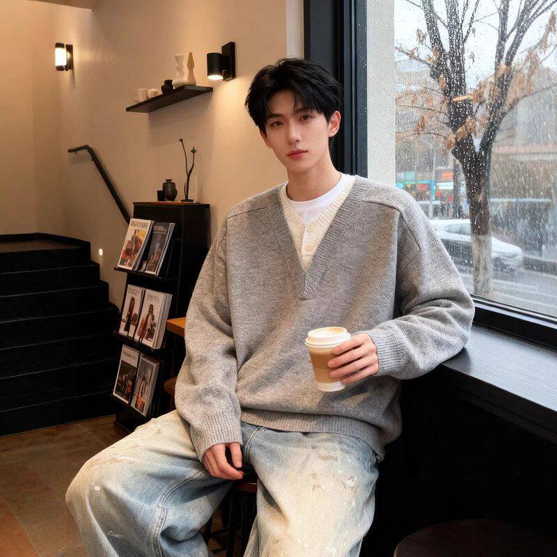 V浅灰色针织衫男款假两件p衫领风正肩秋冬亨利领慵懒毛衣olo卫衣