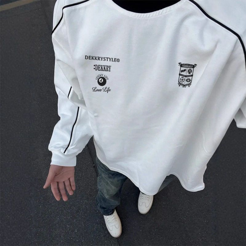 T恤重磅条纹冬季男简约潮牌上衣撞色字母美式长袖春秋印花ins宽松