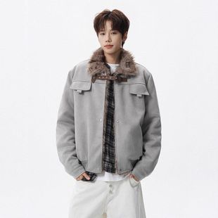 加厚毛翻领羊羔男冬季绒麂皮复古宽松保暖棉服外套风美式加绒机车