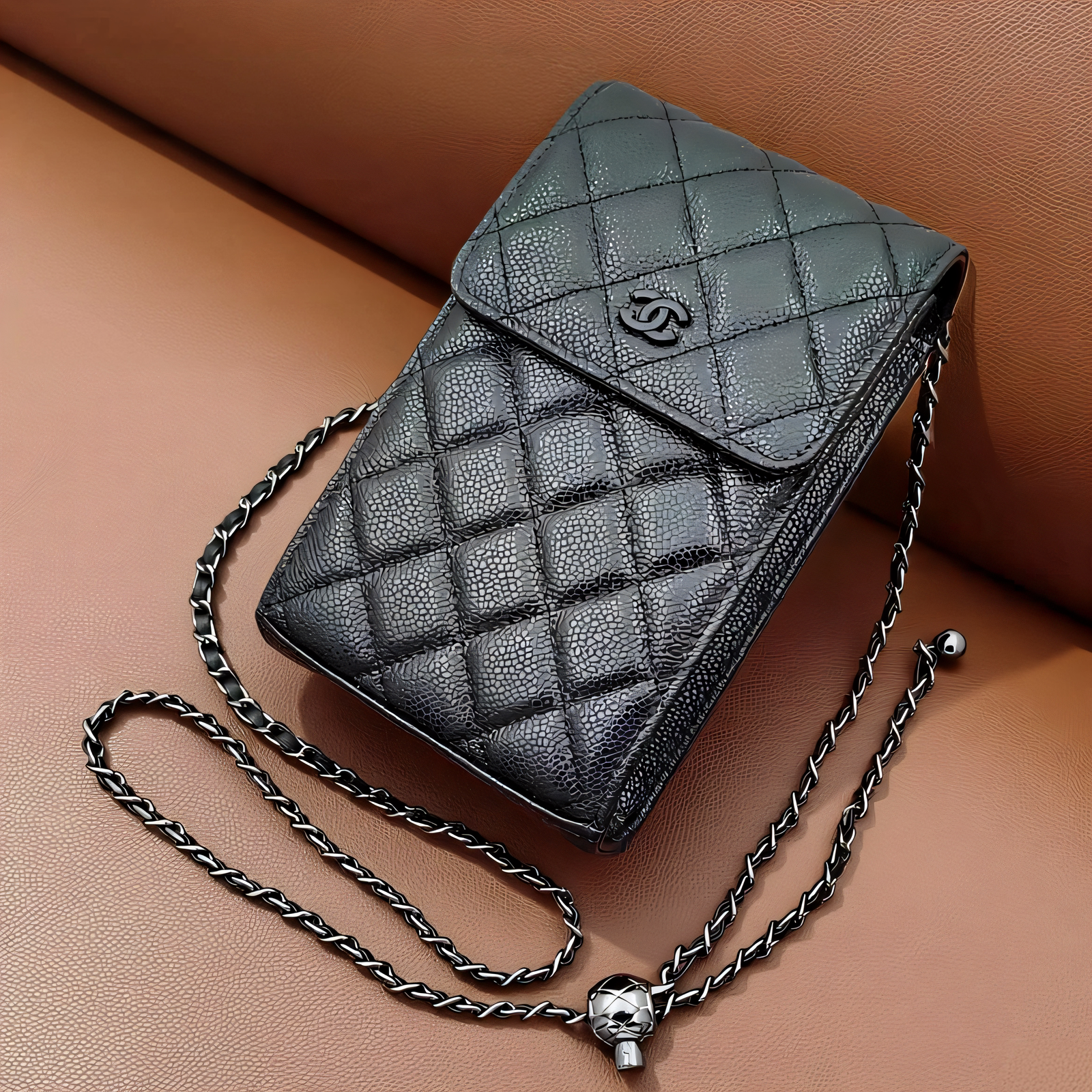 鱼子酱手机包斜挎包女2025新款真皮菱格链条小包轻便百搭高级感