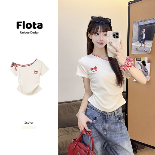 【flota】甜辣风斜肩刺绣格纹绑带短袖T恤夏季修身显瘦短上衣2385