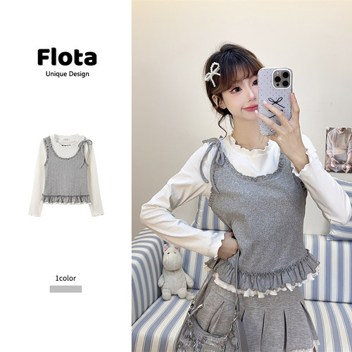 【flota】韩系拼接假两件木耳花边长袖秋季新款修身显瘦上衣2431