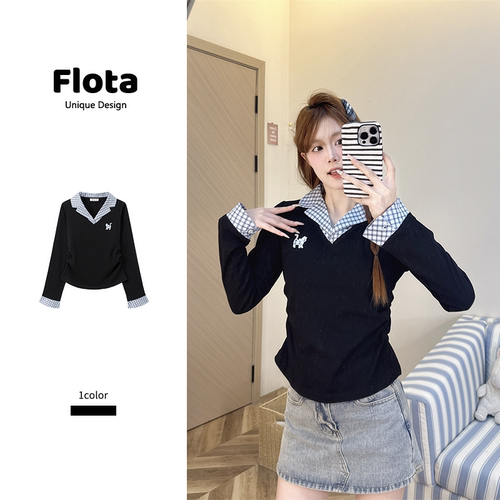 【flota】美式复古格纹拼接翻领长袖T恤假两件修身显瘦短上衣2893