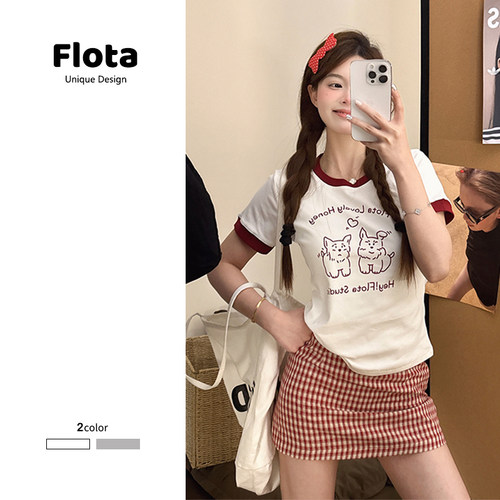 【flota】趣味卡通小狗印花撞色圆领短袖休闲百搭减龄上衣女1396