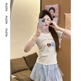 夏季 植绒可爱卡通刺绣字母短袖 蓝色花边圆领T恤上衣1692 flota